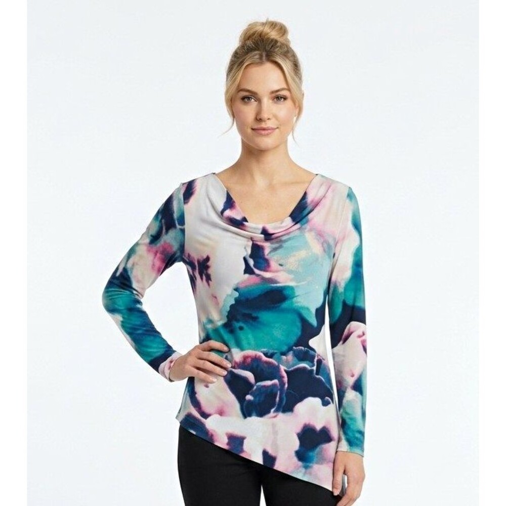 Simply Vera Vera Wang Tunic Top M  Cowl neck stretch LS asym. hem Boho Festival
